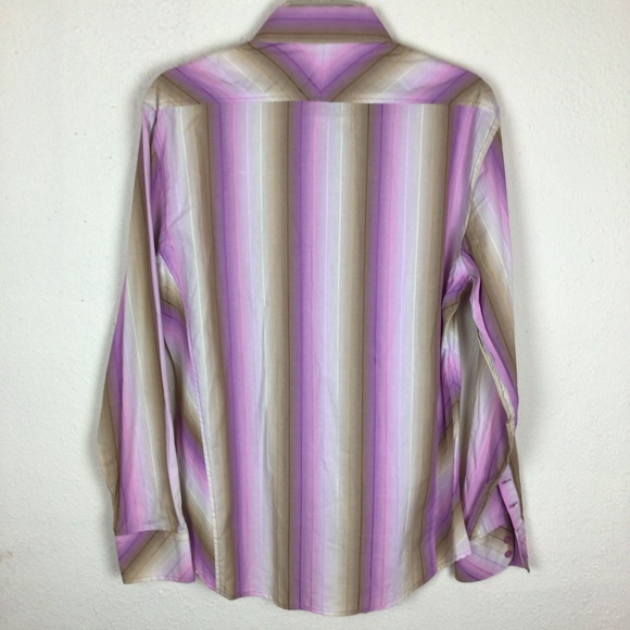 Dragonfly retro vibe men’s button down L/S striped shirt in purples and tans-Med - Picture 7 of 11